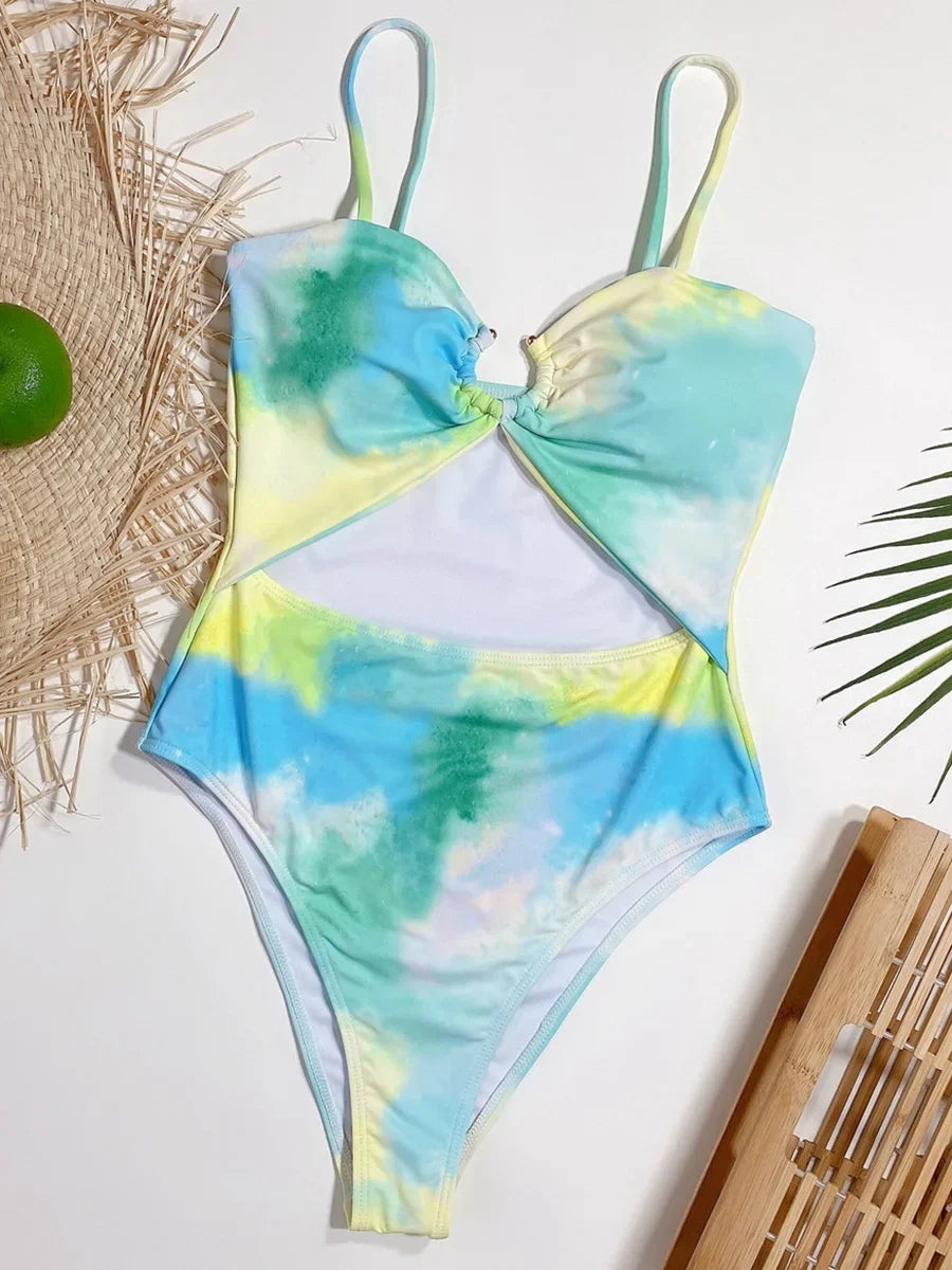 Tie Dye Tummy Cut Out Women Bandeau Swimwear One Piece Swimsuit Female High Cut Monokini Bather Bathing Suit Swim Lady