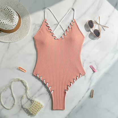 Black White Stitch Design One Piece Swimsuits Closed Women's Swimwear Push Up For Swimming Wear Body Bathing Suits Beachwear Pool Bather