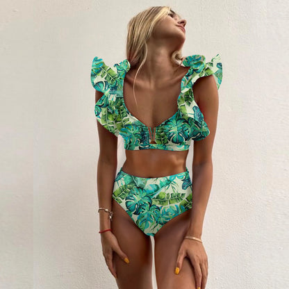 Print Bikini Women Swimwear Push Up Swimsuit High Waist Bikini Halter Backless Bathing Suit Ruffle Beach Wear Summer