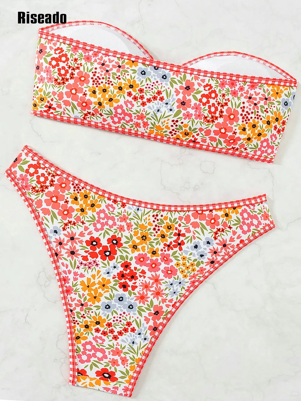 Women's Bandeau Off Shoulder Bikini Set Floral Print Whip Stitch 2 Piece Swimsuits Bathing Suits