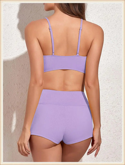 Drawstring Front Bikini Swimsuit Women High Waist Shorts Swimwear Female Bathing Swimming Swim Set Bathers Beachwear Summer