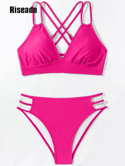 V-neck Mid Waist Bikini Sets Swimsuit for Women Tie Back Two Pieces Beachwear Bathing Suit 2 Pieces Swimwear