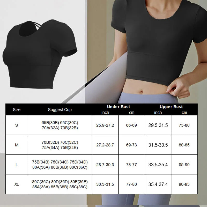 Yoga Short Sleeve with Build-in Cup Yoga Crop Tops Gym Crops Pilates Workout Top Fitness Active Wear Crisscross Back