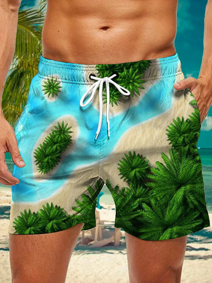 3d coconut tree stripe print men's swimsuit Japanese fish Hawaiian shorts men's summer swim shorts drawstring casual shorts