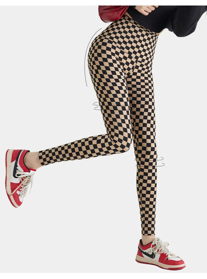 Checkerboard Plaid Shark Leggings Women High Waist Tight Slim Push Up Leggings Seamless Sports Fitness Leggings