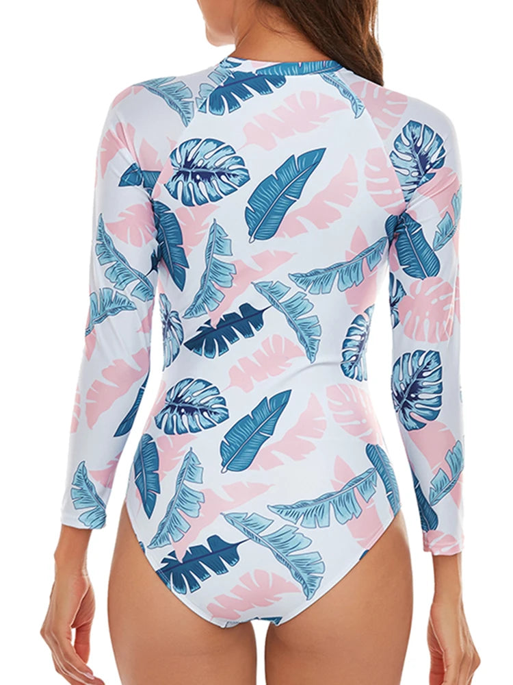 Half Zipper Surfing Swimsuit One Piece Long Sleeve Bathing Suit Women Printed Plus Size Swimwear Women Rashguard Diving XXL