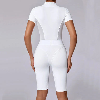 Nylon Yoga Jumpsuits Sports Fitness Hip-lifting Tights Short Sleeve Zipper Yoga Workout Gym Leggings Sportswear for Women