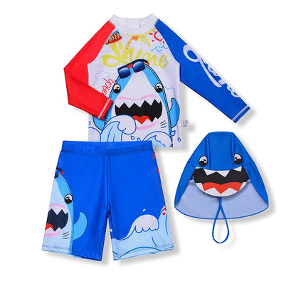 3 Pcs New Boy Swimsuit Sun Protection UPF 50+ Long Sleeve Swimming Sunsuit With Hat Split Quick Drying Bathing Suits Children
