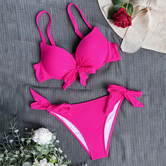 Summer Bikini Set Strappy Beachwear Women's Bikini Set Padded Sling High Waist Swim Solid Color Lace-up Summer Swimwear