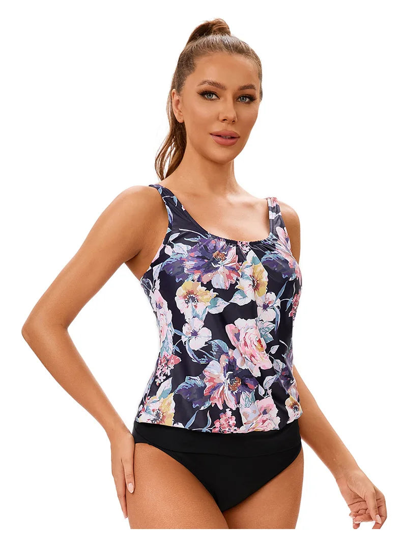 Flower Print Women's Tankini 2 Piece Sports Vest Swimsuit U-Neck Conservative Swimwear Bathers