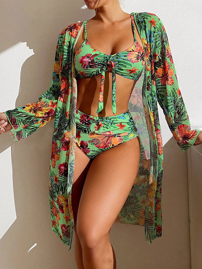 Split Three Piece Floral Printed Swimsuit Women Bikini Set Wireless Bra with Pad Sport Top Long sleeve Blouse Swimwear