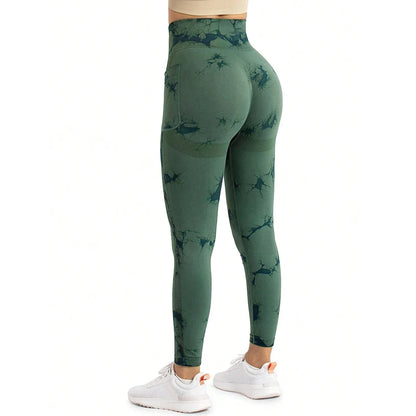 Plus Size High Elastic Sports Yoga Fitness Women's High-Waisted Peach Butt Casual Tight-Fitting Quick-Drying Slim Tie-Dye Seamless with Phone Pocket Pants