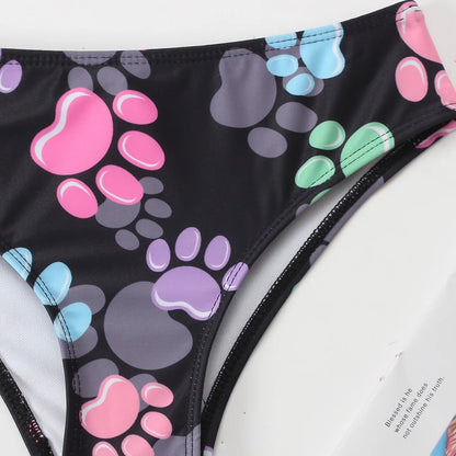 Girls Ruffle Bikini Two Pieces Swimsuit Kids Cat Footprints One Shoulder Children's Swimwear 7-12Years Bathing Suit