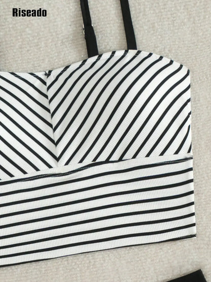 Women's High Waist Bikini Set Striped Two-Piece Swimwear with Fashion Crop Top Summer Beach Swimsuits