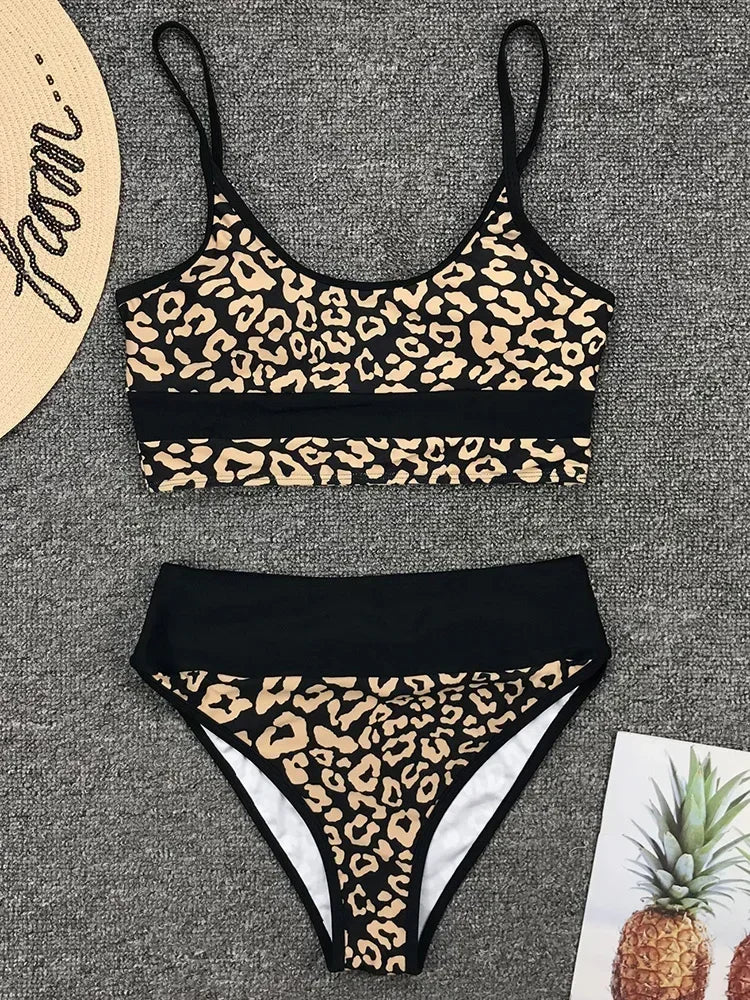 Splicing Leopard High Waist Bikini Women Swimsuit Female Swimwear Two-piece Bikini set Padded Bather Bathing Suit Swim Wear Lady