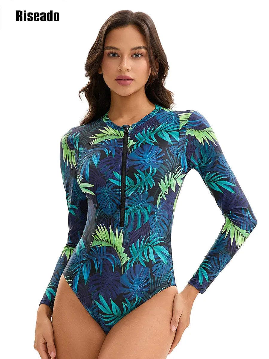 Women Long Sleeve Rash Guard One Piece Swimsuit Zipper Surfing Bathing Suit UPF 50 Pool Swimwear