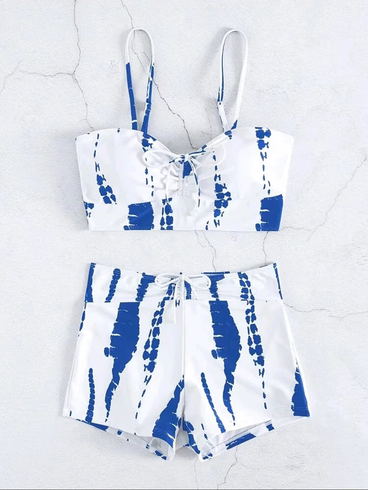 Drawstring Front Shorts Bikinis High Waist Swimsuit Women Swimwear Female Bathers Bathing Swimming Swim Suit Beachwear