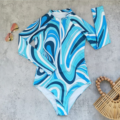 Rash Guard Surfing Sport Swimsuit Long Sleeves Women One Piece Swimsuit  Swimwear Solid Monokini Bathing Suit Tropical Bodysuit Female