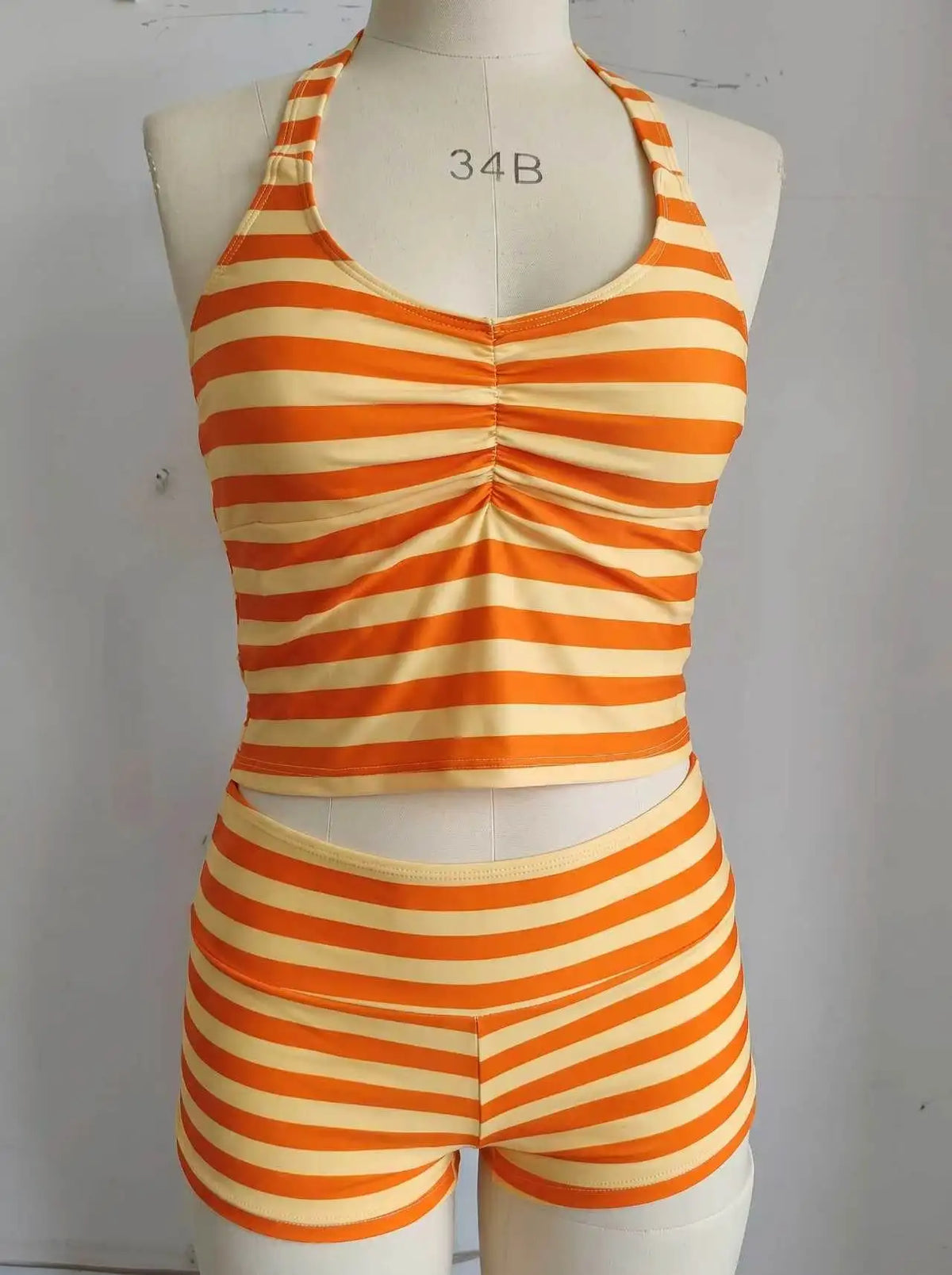 Striped Halter Tankini Set – 2-Piece Ruched Top & Boyshort Swimsuit
