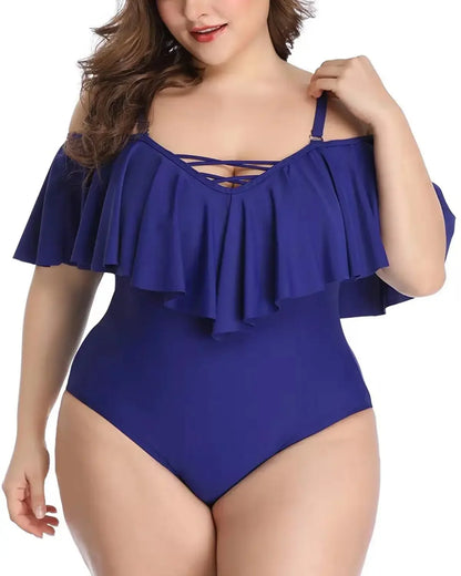 Solid color Ruffle Top Swimsuit Women Plus Size Swimsuit One Piece Swimwear Swimming