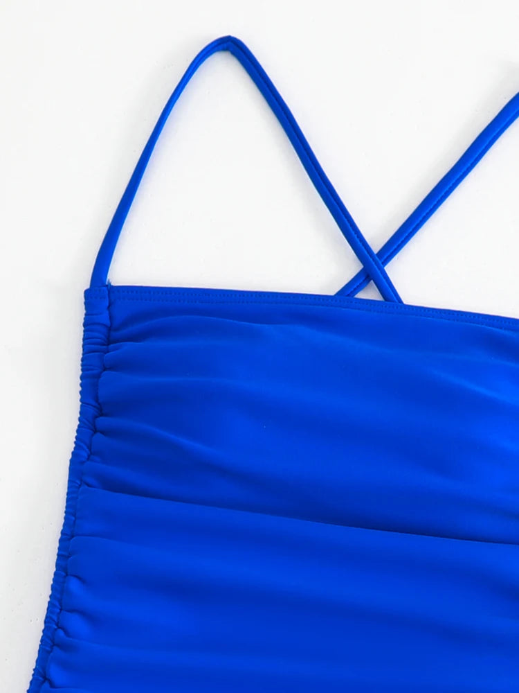 Blue Strapped Swimwear Women Push UP One Piece Swimsuit Backless Cross Monokini Summer Beach Bathing Suit