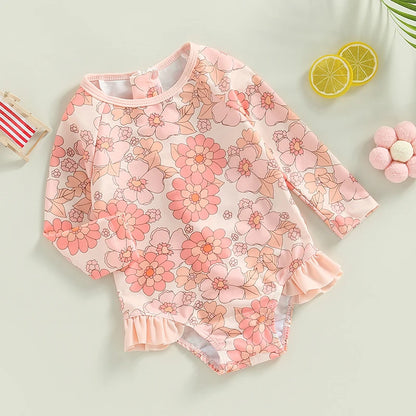 0-4Y Toddler Baby Girl Swimsuit Romper 4 Colors Flower Print Long Sleeve Ruffle Bikini Bathing Suit