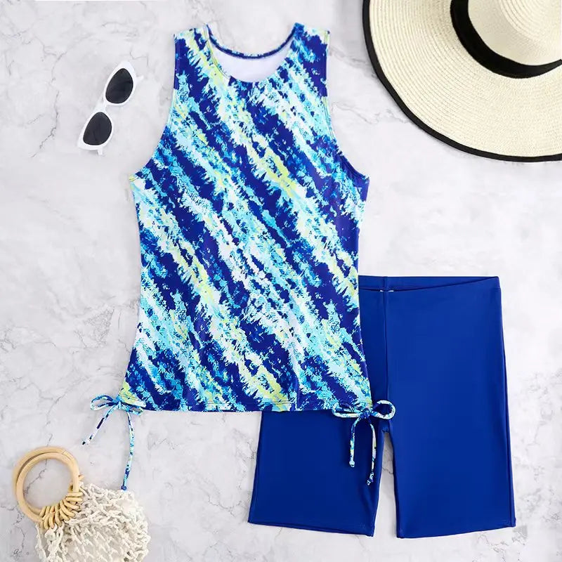 Printed Tankini Set Two Pieces Swimsuit Women Drawstring Swimwear Female & Long knee Shorts Bathing Swimming Swim Suit