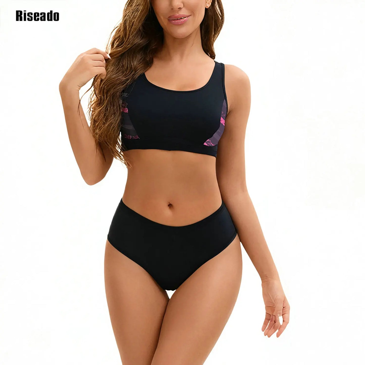 Women's High Waisted Bikini Set Sporty 2 Piece Bathing Suit Modest Racerback Swimsuit Scoop Neck Tank Midkini