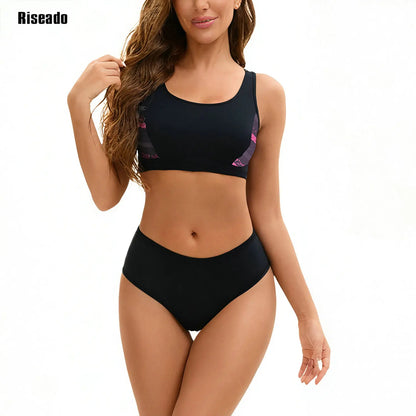 Women's High Waisted Bikini Set Sporty 2 Piece Bathing Suit Modest Racerback Swimsuit Scoop Neck Tank Midkini