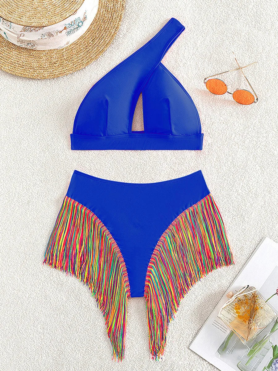 Fringe Tassel One Shoulder High Waist Bikini Women Swimwear Female Swimsuit Two-pieces Bikini Set Hollow Out Bathing Suit Swim