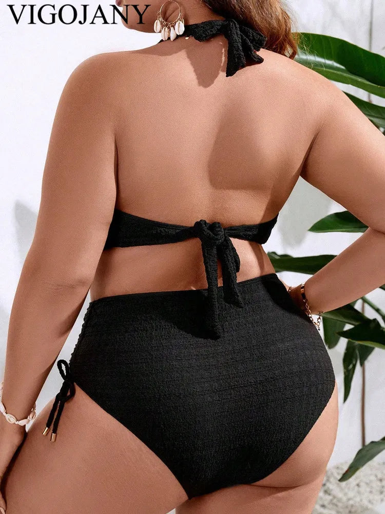 Black Tied Halter 2 Piece Plus Size Bikini Women Push Up Hollow Large Big Swimsuit Backless Bathing Suit