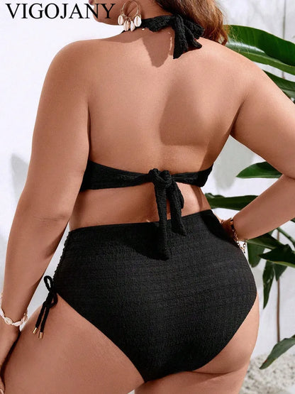 Black Tied Halter 2 Piece Plus Size Bikini Women Push Up Hollow Large Big Swimsuit Backless Bathing Suit