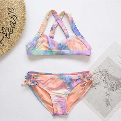 7-14Year Rainbow Print Child Bikini Set 2024 Girls Swimsuit Swimwear For Kids Summer Brazilian Teen Baby Swimming Suit Set 2
