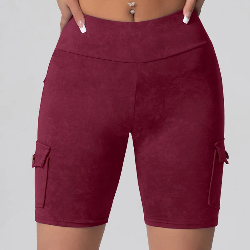 Women Washed Print Work Pocket Yoga Shorts Butt Lifting Workout  Tights Sport Push Up 5-Port Pants Elastic Slim Sportswear