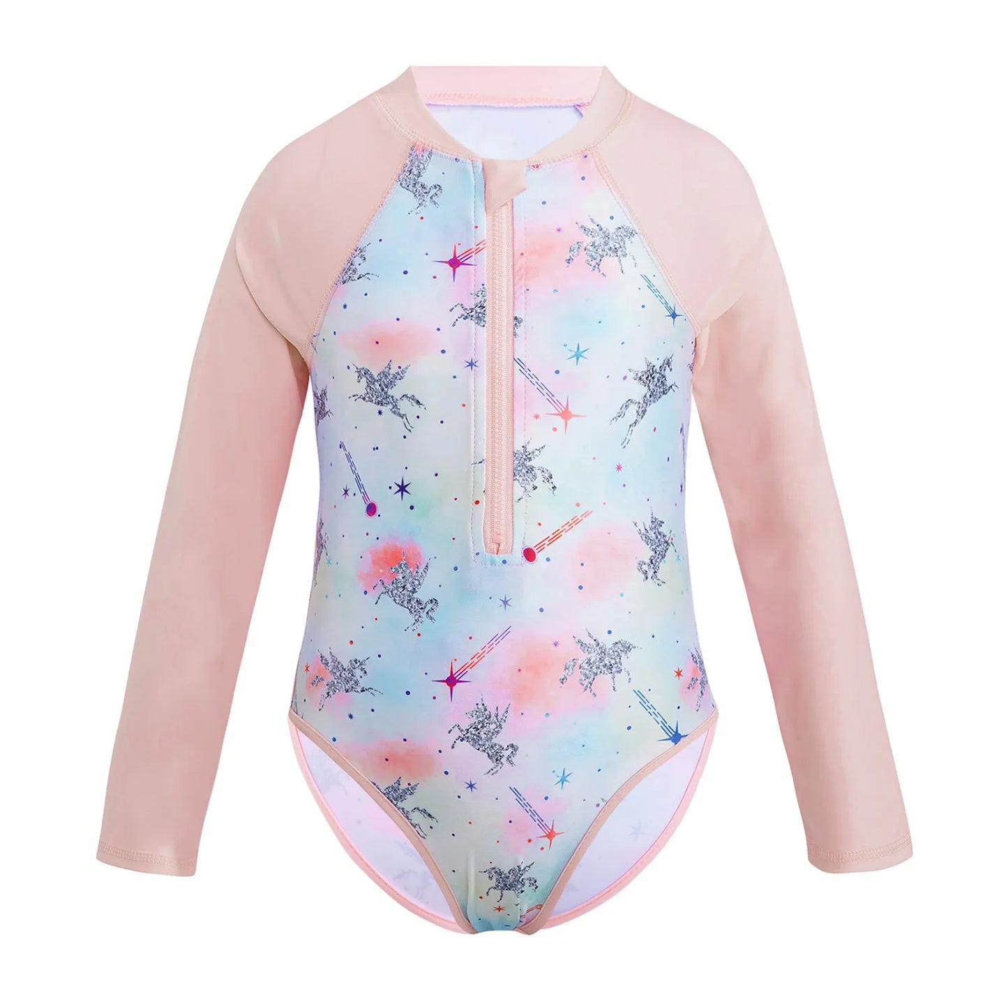 Kids Girls One-piece Swim Suits Brazilian Beachwear Long Sleeves Palm Printed Zippered Swimsuit Swimwear Bathing Suit Rash Guard