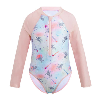 Kids Girls One-piece Swim Suits Brazilian Beachwear Long Sleeves Palm Printed Zippered Swimsuit Swimwear Bathing Suit Rash Guard