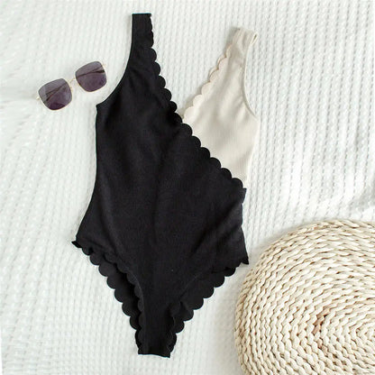 Scalloped Splicing High Cut One Piece Swimsuit Women Swimwear Female Ribbed Bather Bathing Suit Swim Lady