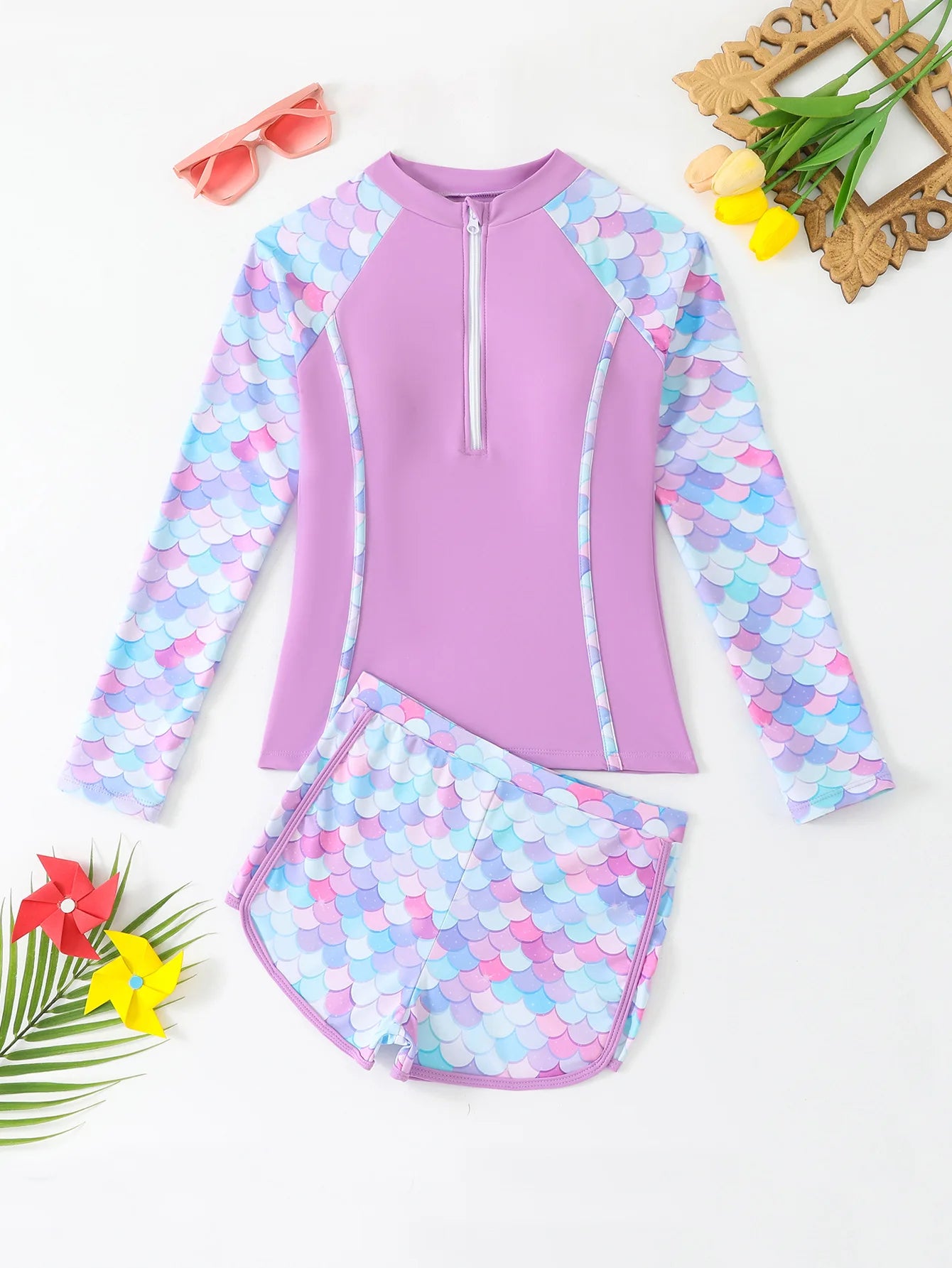 Girls Swimsuit Pink Long Sleeve Rash Guard Shirts Children Swimwear Summer Kids Beach Wear Shorts Quick-Dry Bathing Suit