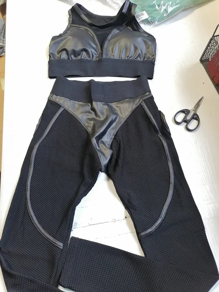 Bright Solid Colour Options Gym Set Women Mesh Suit for Fitness Sportswear 2024 Tracksuit Yoga Clothes Transparent 2 Piece Sets Women Outfit Black Pink