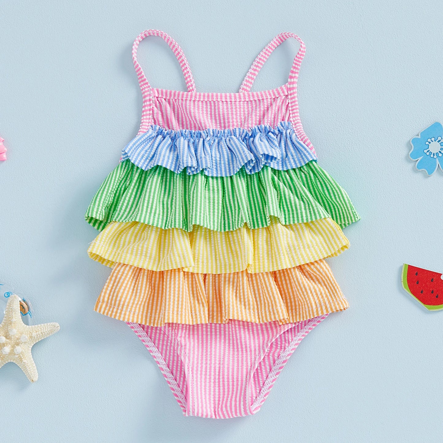 Toddler Little Girls Summer Cami Romper Swimsuit Sleeveless Tiered Colorful Striped/Plaid Swimwear