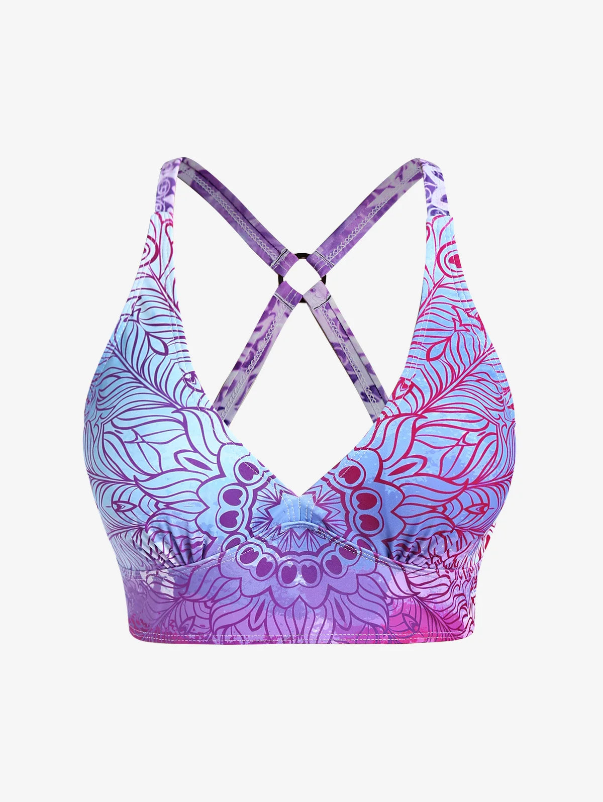 Plus Size Women's Three-Piece Padded Tankini Swimsuit Stripe Colo block Bikinis Set, Or Purple Ethnic Printed Swimwear