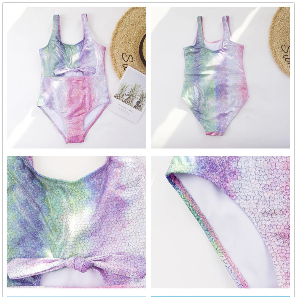 Shinning Print Summer Bow Deco Kids Girls One Piece Swimwear Swimsuit Kid Child Teen Girl Outdoor Beach Swimsuit Monokini