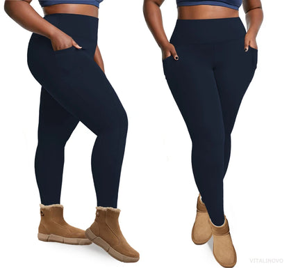 Plus Size Fleece Lined Leggings with Pockets for Women High Waist Winter Tummy Control Thermal Warm Yoga Pants