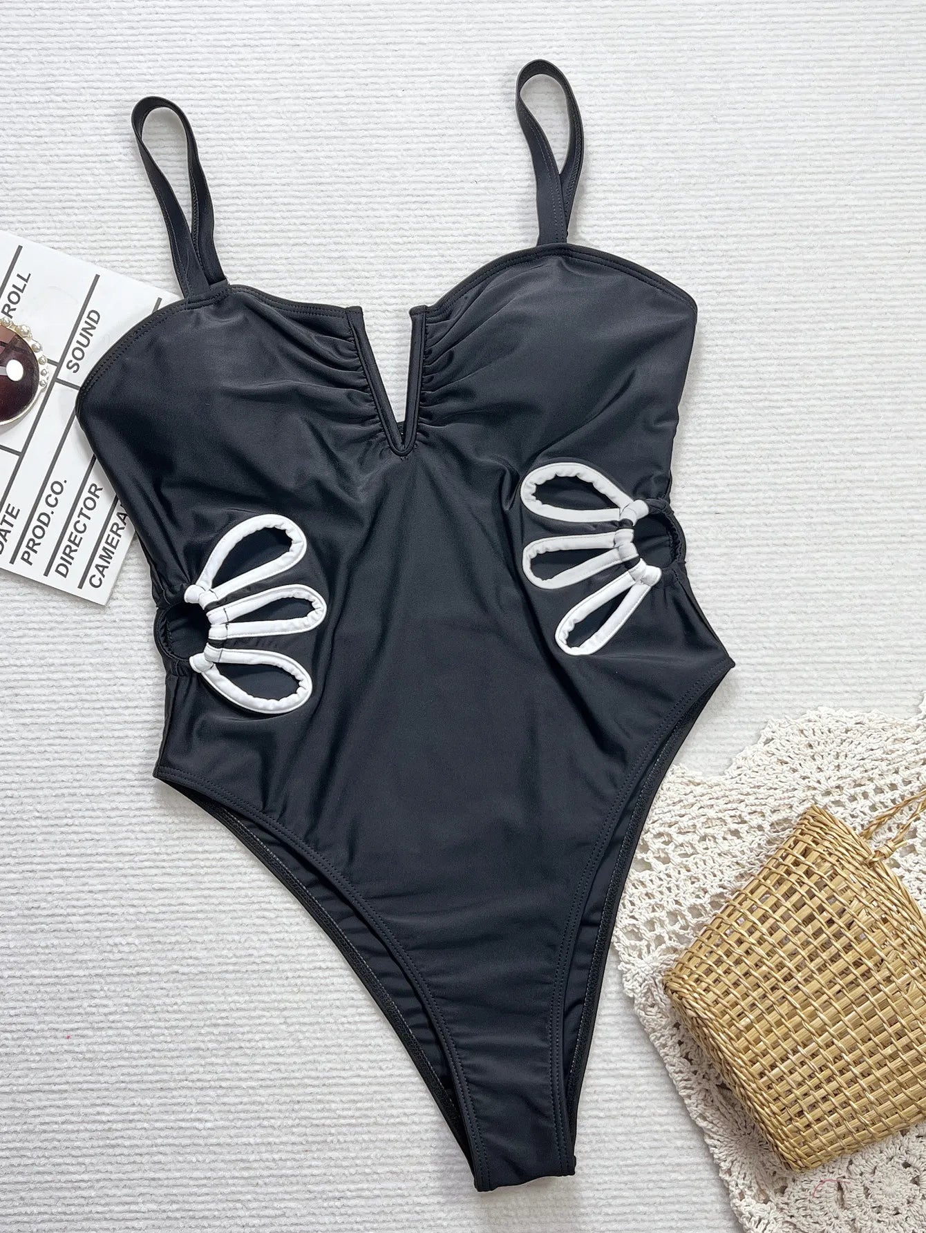 Solid Hollow Swimwear Women V Neck Strapped One Piece Swimsuit Monokini Brazilian Summer Beach Bathing Suit