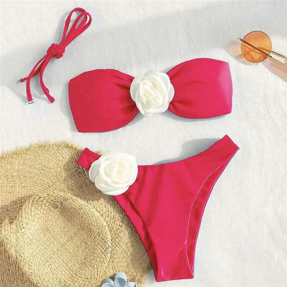 Flower Bandeau Swimwear Thong Bikini Women Lace-up Swimsuits Swimming Bathing Suit Brazilian Bikinis Set