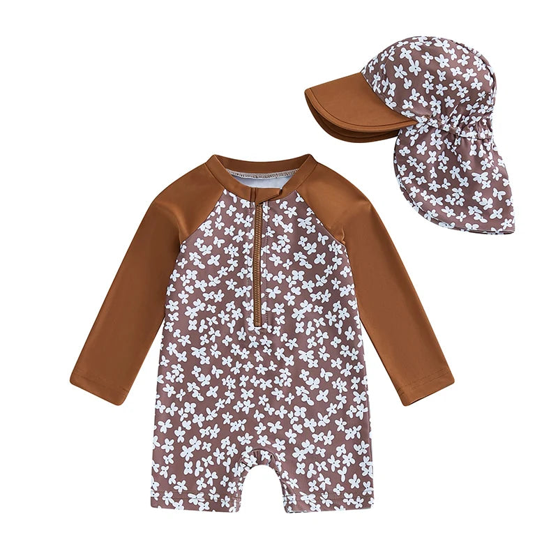 Toddler Girl Long Sleeve Swimsuit Floral Flamingo Print Half Zipper Non-Pilling Rash Guard Swimwear Sunhat Set