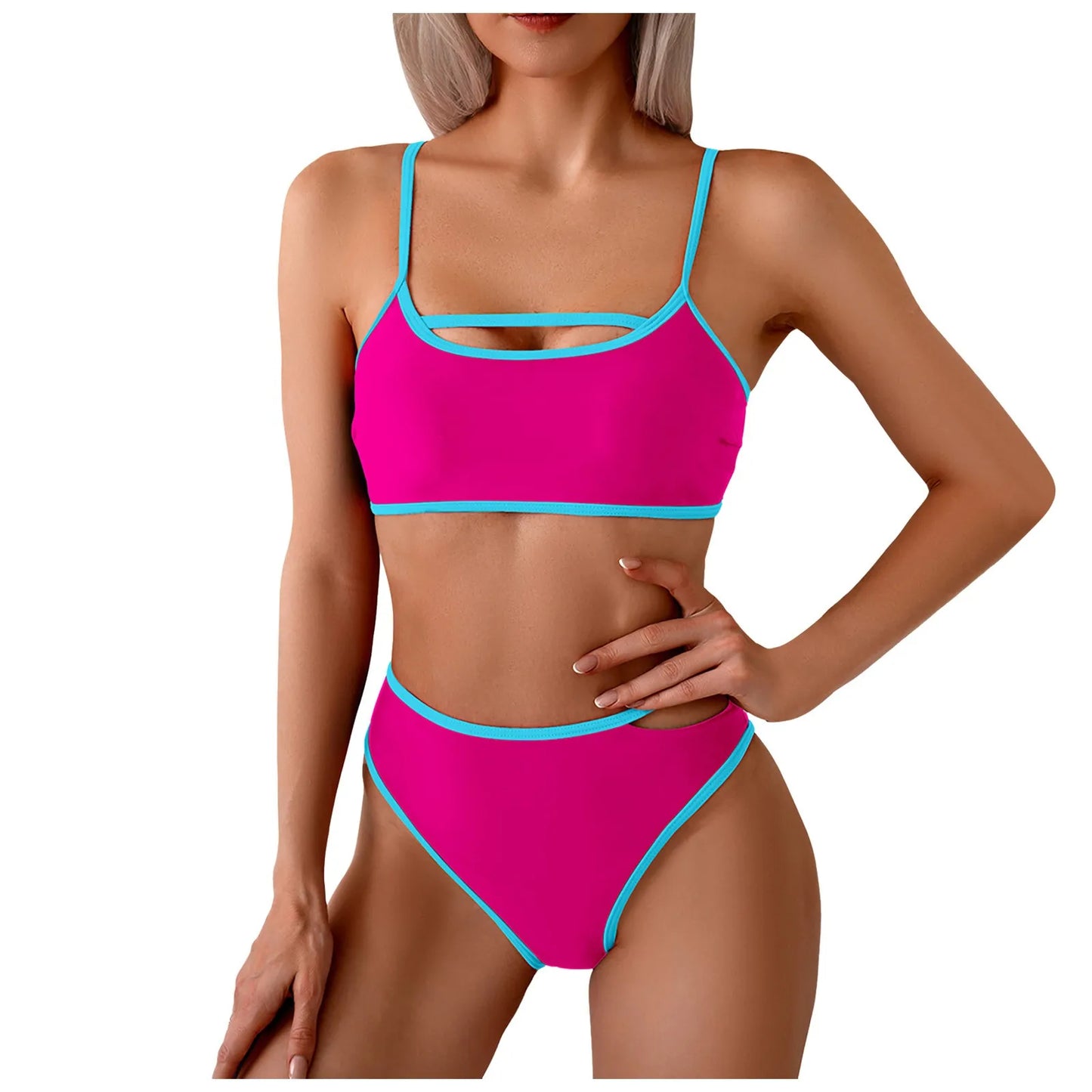2 Piece Bikini Set Color Block Swimsuit Women Hollow Out Bathing Suit High Waisted Swimwear Brazillian Tankini