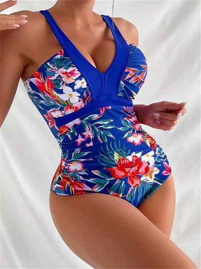 One Piece Swimsuit Women Print Sling V Neck Bodysuit Swimwear Monokini Summer Beach Bathing Suit Female Swimming