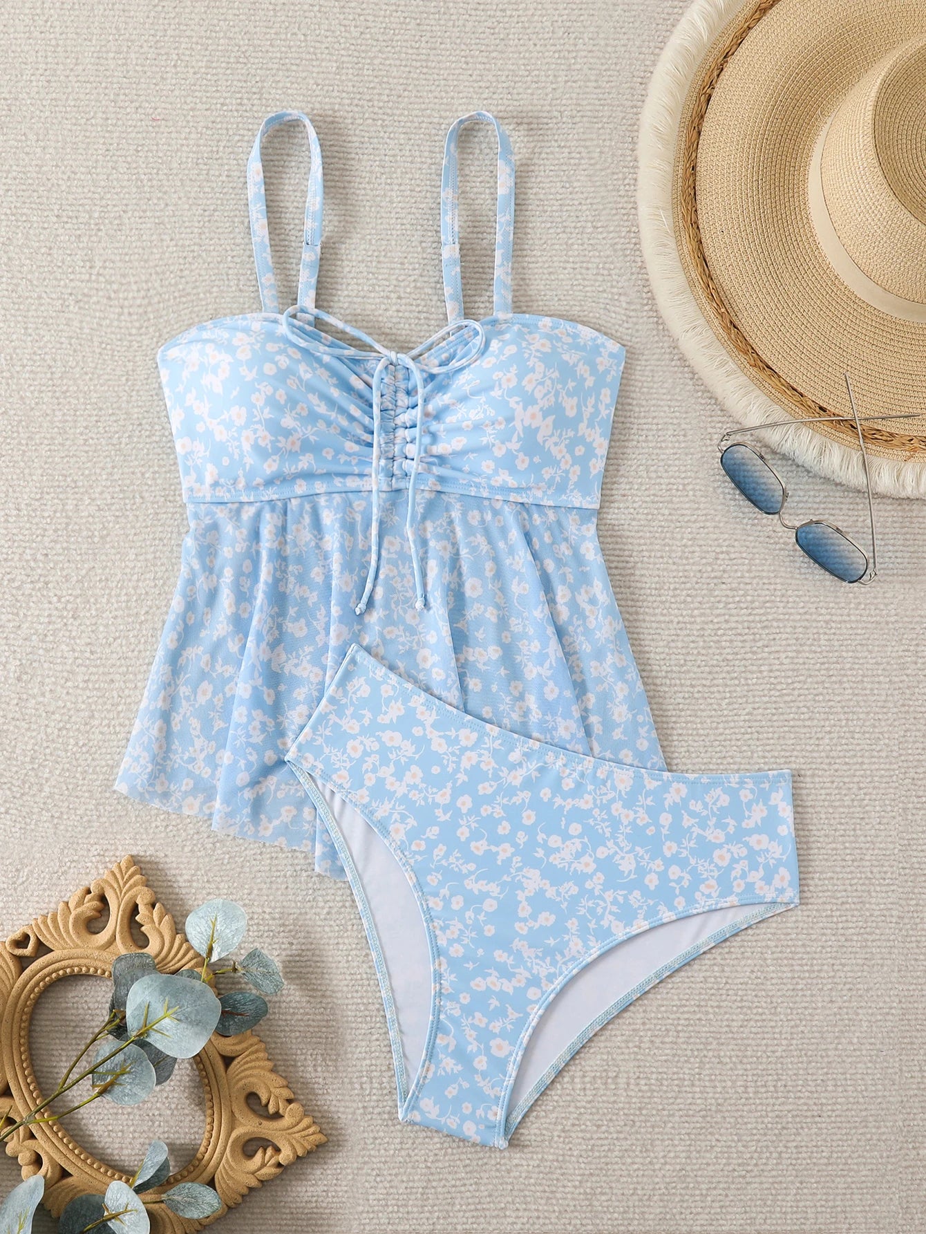 Ruffle Tankini Two Pieces Strappy Swimsuit Women Drawstring Swimwear Female Bathers Bathing Swimming Swim Suit Beachwear