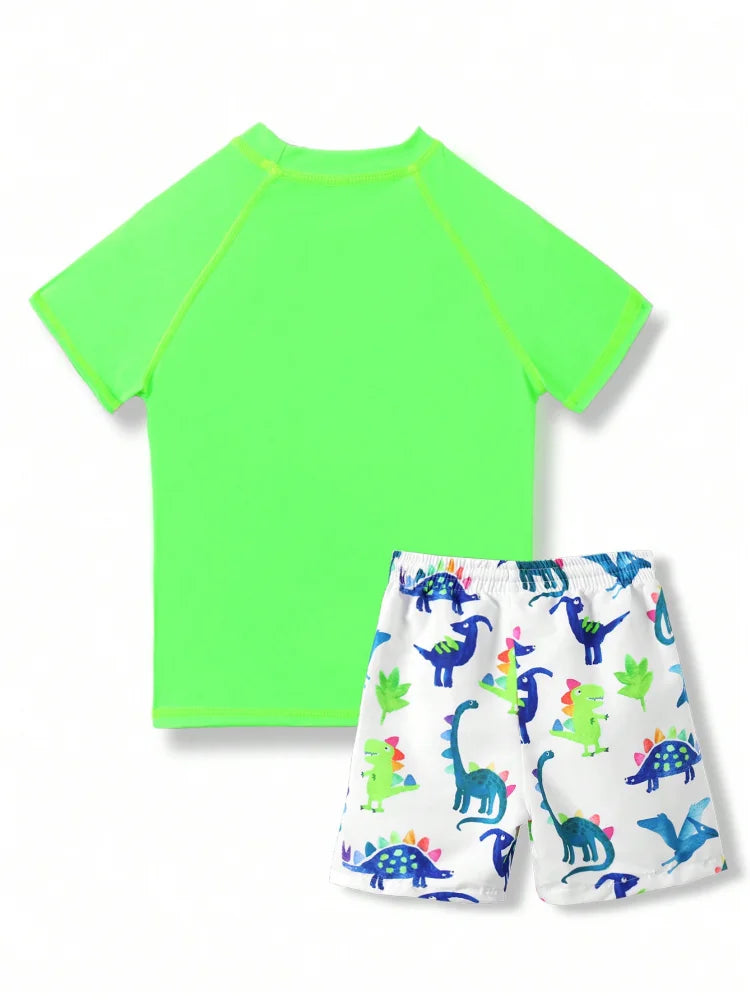 Boy Kids Swimsuit Green Short Sleeve Cartoon Dinosaur Children Swimwear Summer Beach Wear Shorts Bathing Suit Swimming